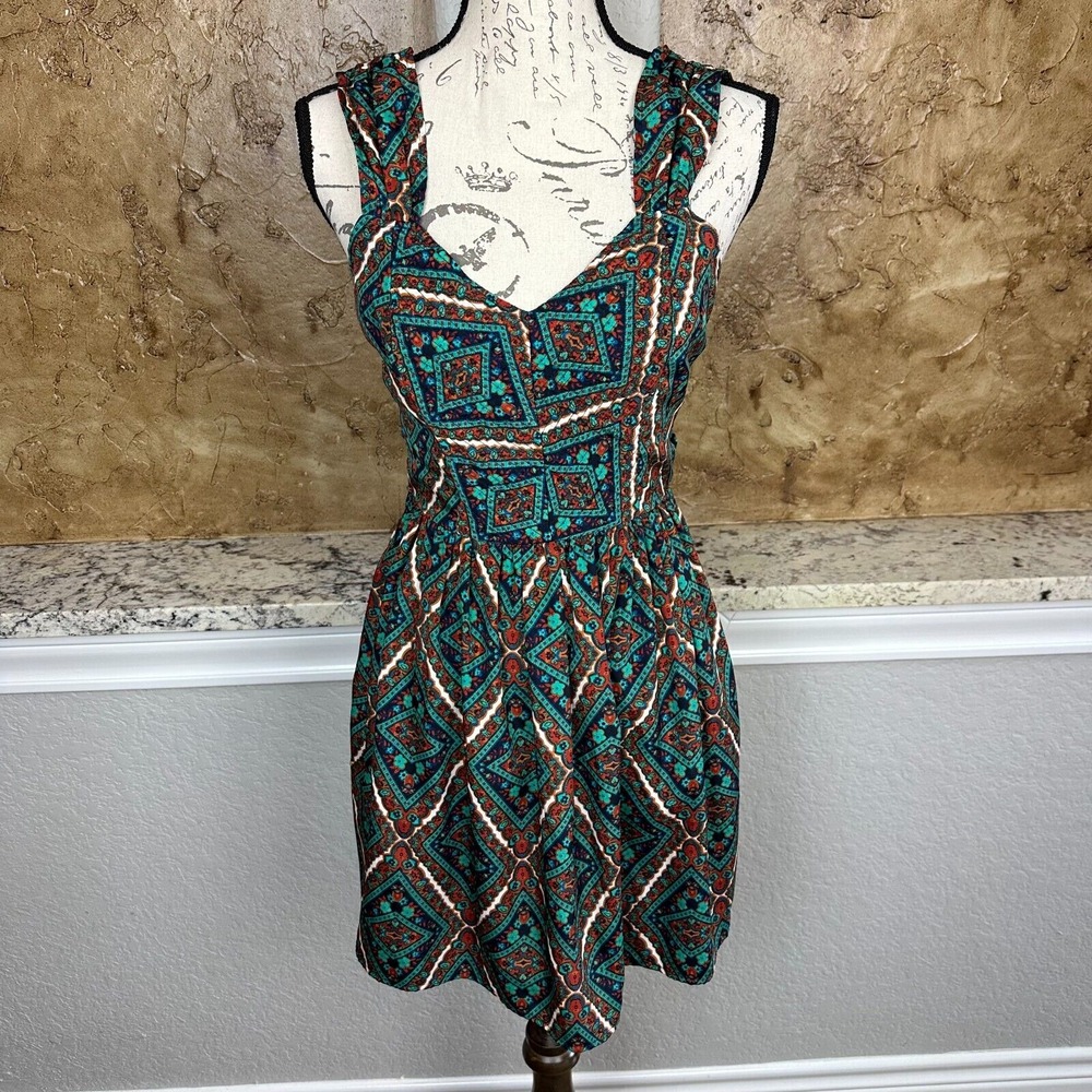 Band of Gypsies Dress Womensโ Small Mini Fit & Flare Boho Bohemian Pleated Green